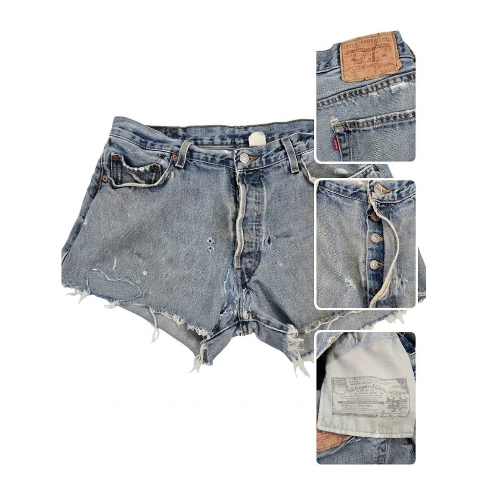 VTG 90s Levis 501 Thrashed Cut Off Denim Shorts Womens 33 High Rise Button Fly